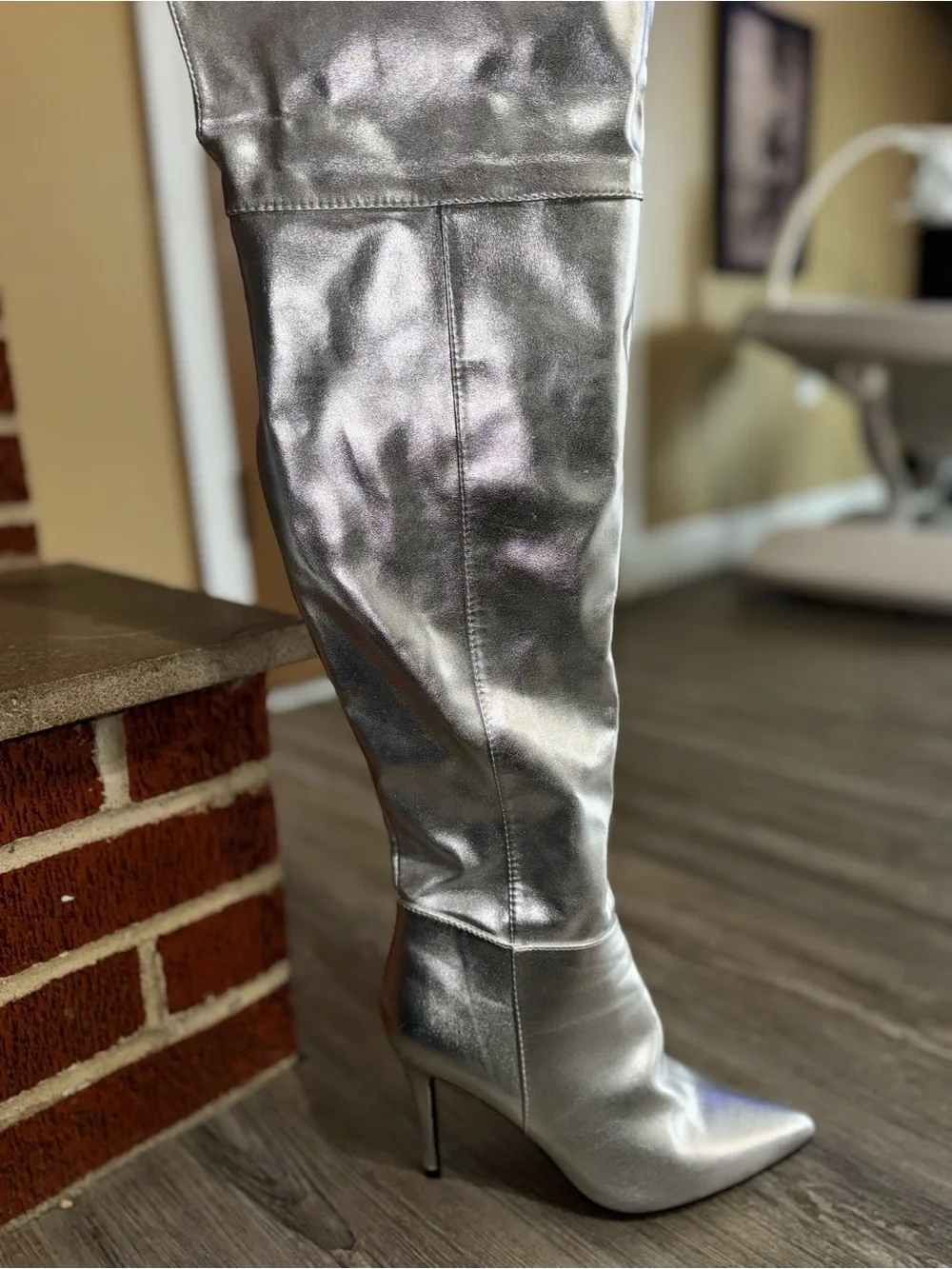 Silver Metallic Knee-High Stiletto Boots - Women's